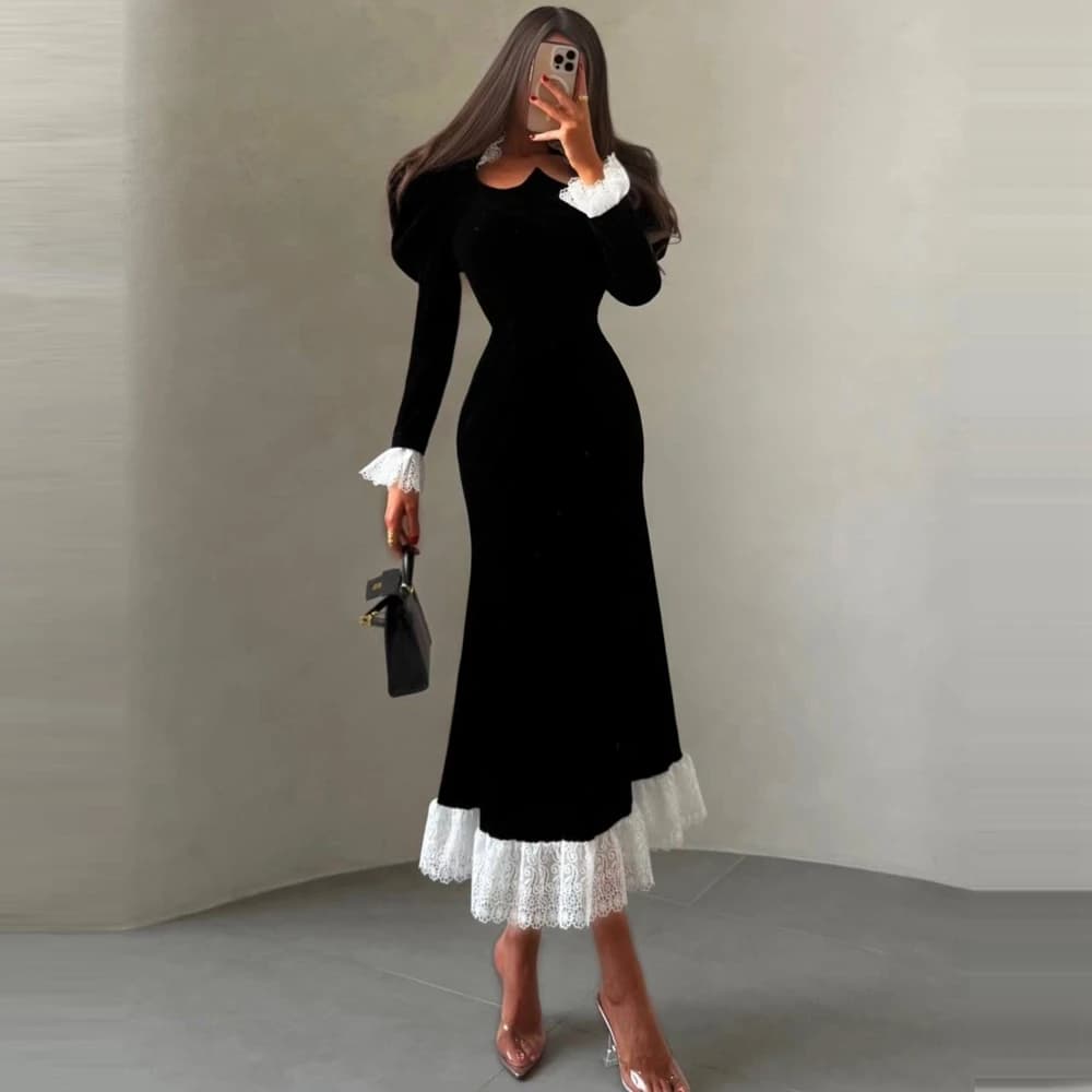 Robe de soirée midi élégante en velours noir pour femme, avec dentelle, manches longues, pour bal de