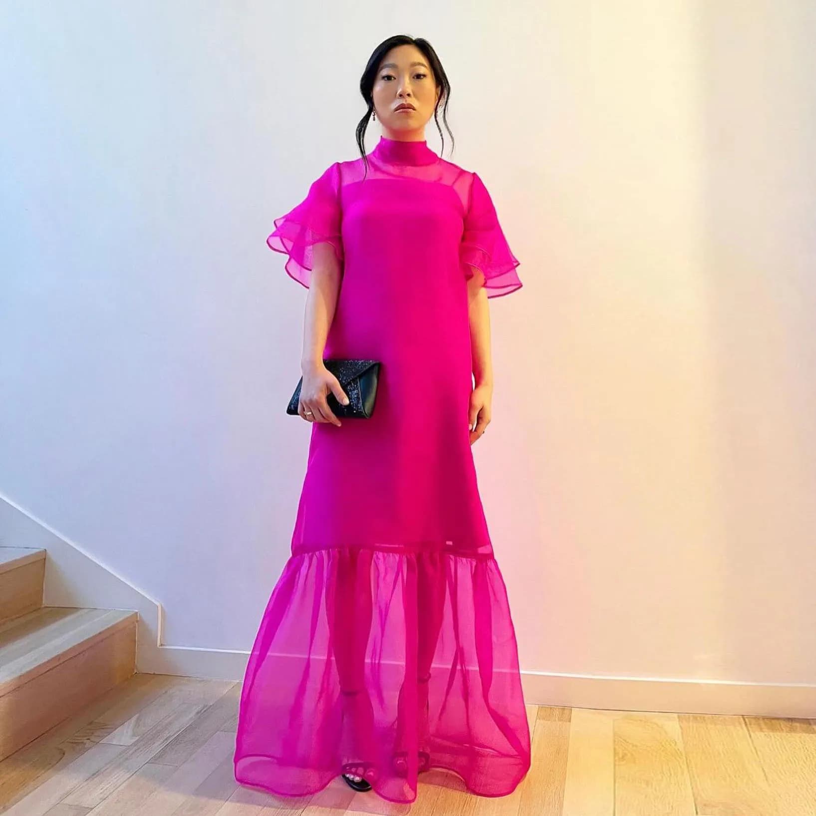 Couture Po-Robe Longue Trapèze à Manches Courtes pour Femme, Modeste, Col Haut, en Organza, Formelle