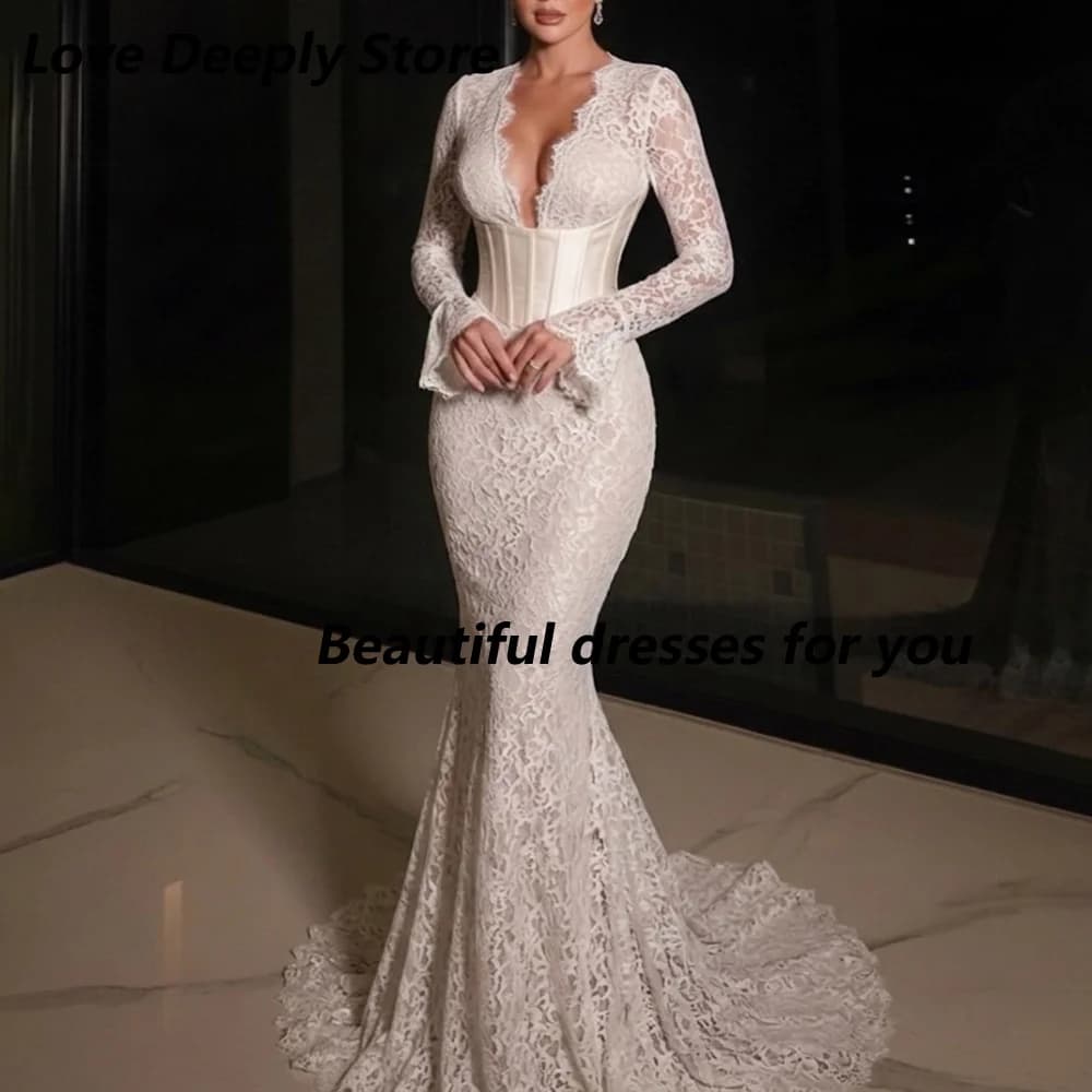 Robe de soirée sirène élégante, personnalisée, sexy, col en V, manches longues, robe de bal en dente