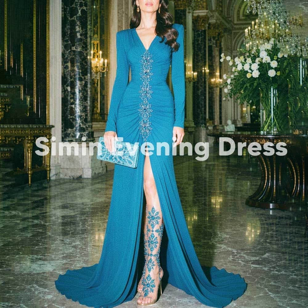 Robe de soirée sirène Simin à manches longues et col en V, ornée de strass scintillants, jupe froncé