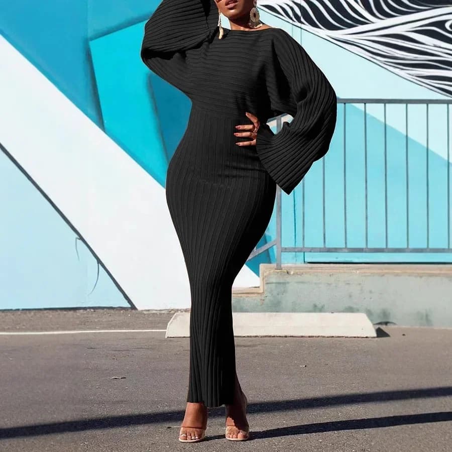 Femmes automne manches chauve-souris tricoté côtelé Robe longue moulante solide élégant col rond Rob
