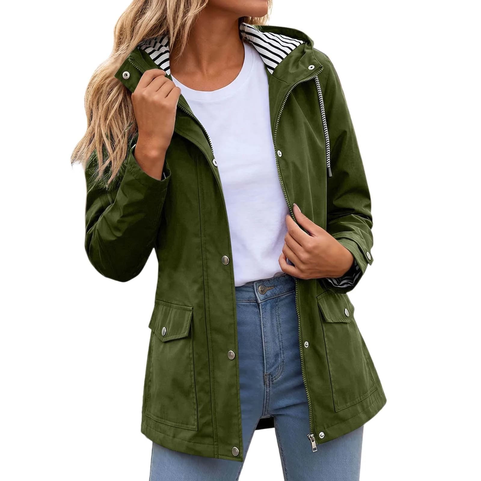 Veste de pluie longue à capuche pour femme, doublure rayée, imperméable, coupe-vent pour l'extérieur
