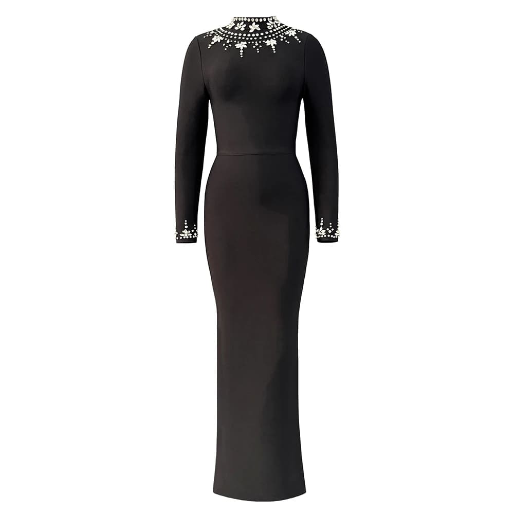 Femmes élégantes perles robe de pansement à manches longues vêtements célébrité soirée robes longues