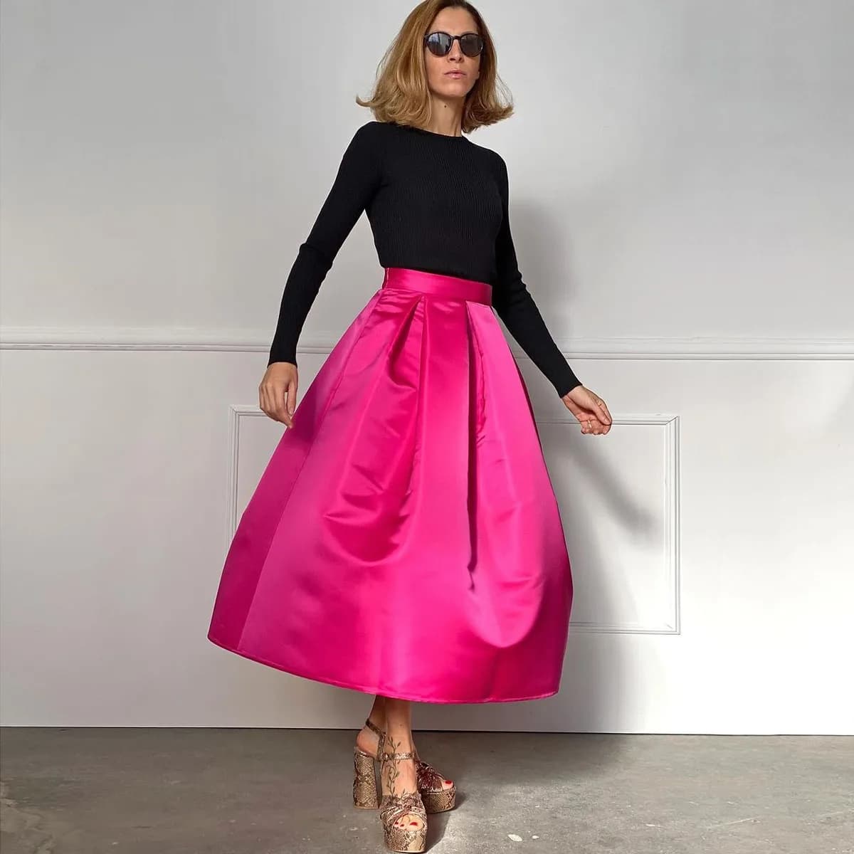 Jupe Midi Fuchsia sur mesure pour femmes, jupe de soirée plissée en Satin épais de haute qualité pou