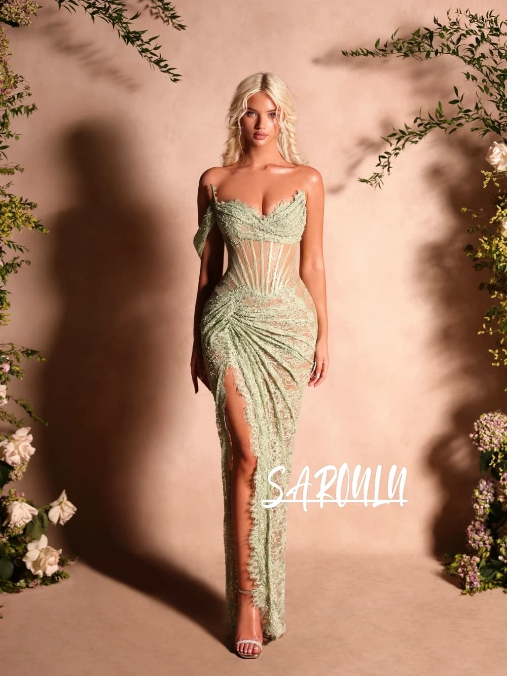 Robe de soirée de luxe vert sauge en dentelle, style corset, asymétrique à une épaule, sexy, avec fe