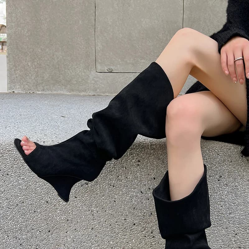 Peep Parker-Bottes hautes à l'offre elles compensées pour femmes, bottes longues déformables, fermet