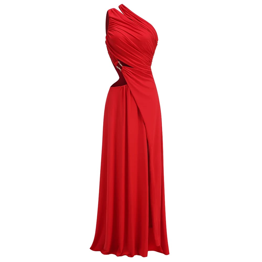 Robe longue sexy découpée à une épaule pour femme – Robe fendue rouge avec détail d'anneau doré – Te