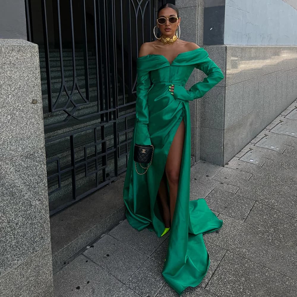 Robe de Soirée Vert Émeraude à Manches sulfpour Femme, Tenue de Bal Sexy, Sirène/Trompent Drapée à F