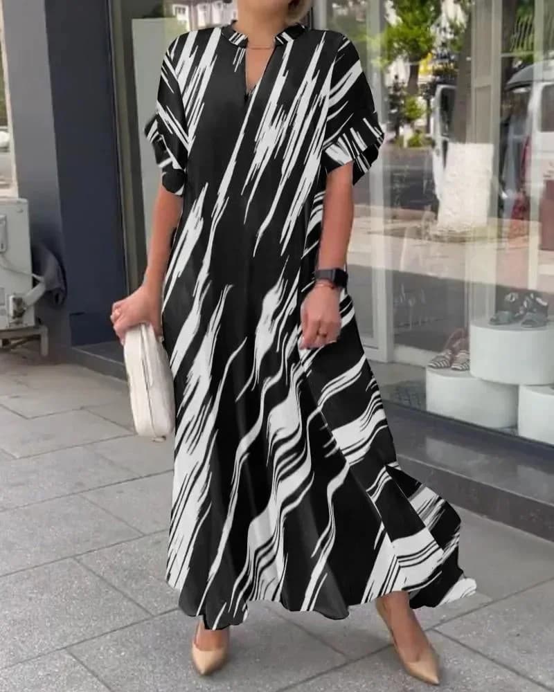 Robe longue rayée imprimée pour femmes, col en V, manches courtes, chemise fendue, Streetwear, surdi