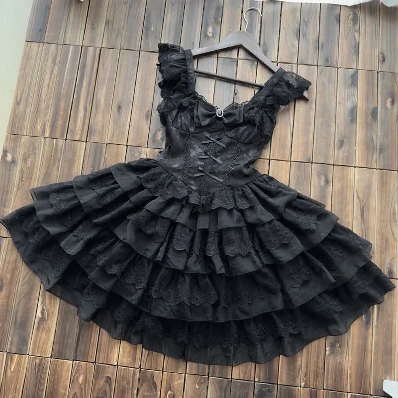 Robe de princesse japonaise Lolita Jsk pour femmes, mini robes, nœud doux, volants en dentelle, robe