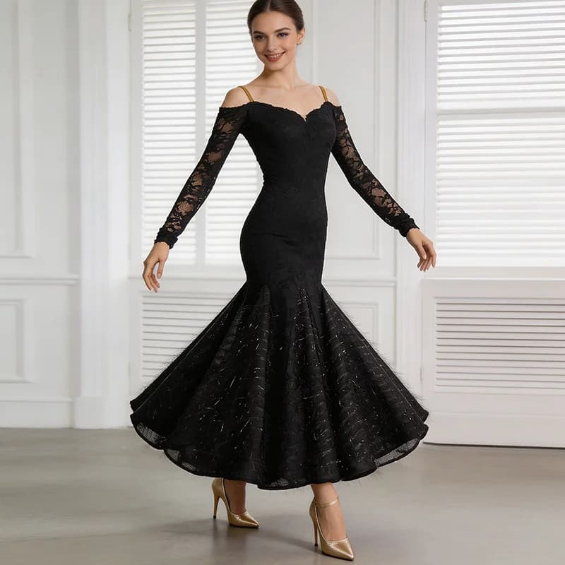 Robe de danse de salon noire à manches longues pour femmes, décolleté épaules dénudées, costumes de 
