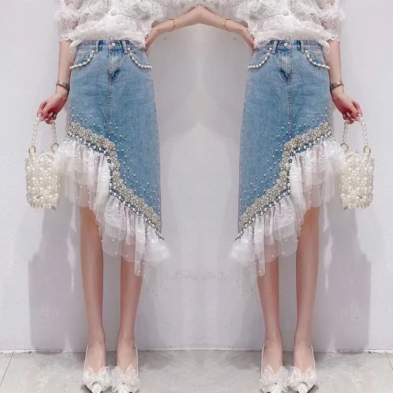 Jupe en jean femmes Patchwork dentelle douce Jupe 2025 Faldas Mujer De Moda mode perles irrégulières