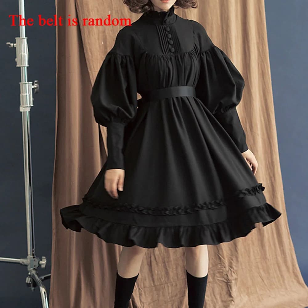 Robe gothique Lolita à manches longues pour femmes, col montant, dentelle, manches lanterne, jolie p