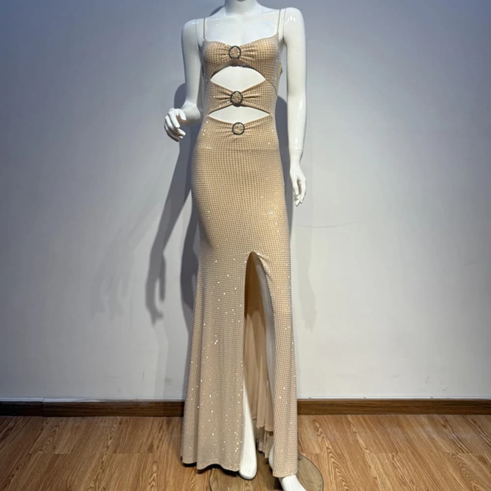 Glamour robe longue découpée ornée de cristaux nus – Robe de soirée sans manches à fente haute pour 