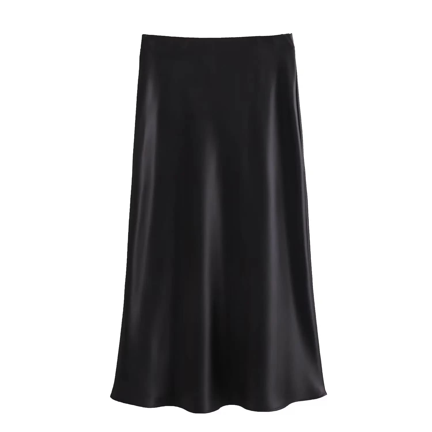 KONDALA élégant Satin mince Midi solide jupe femmes élastique taille haute a-ligne décontracté femme