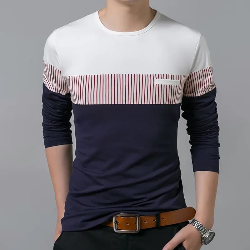T-shirt en coton à manches longues et col rond pour hommes, t-shirts rayés, patchwork décontracté, c