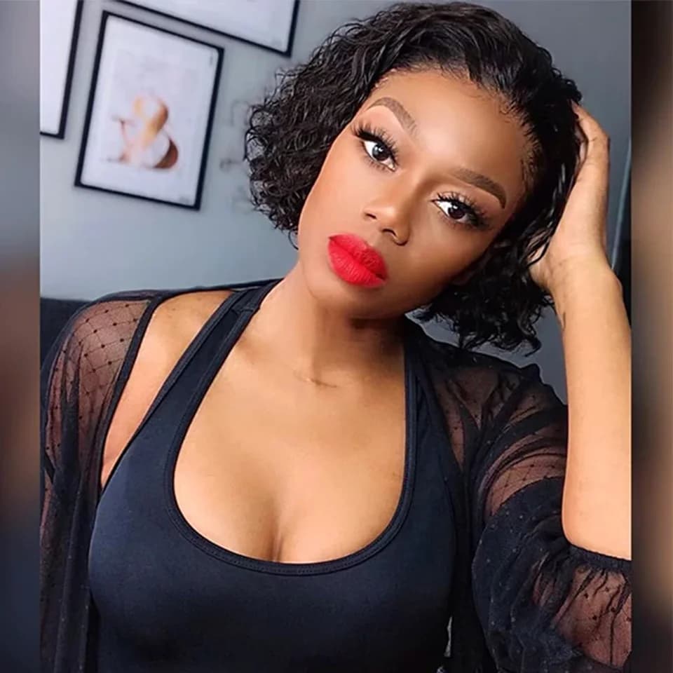 Perruque Courte en Cheveux Humains, Coupe Pixie avec Mèches, Perruque Lace Front en Cheveux Humains 