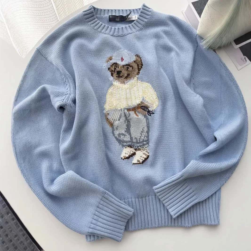 ​ ​ Pull en tricot de coton doux pour femme, broderie d'ours, col rond, pull décontracté confortable