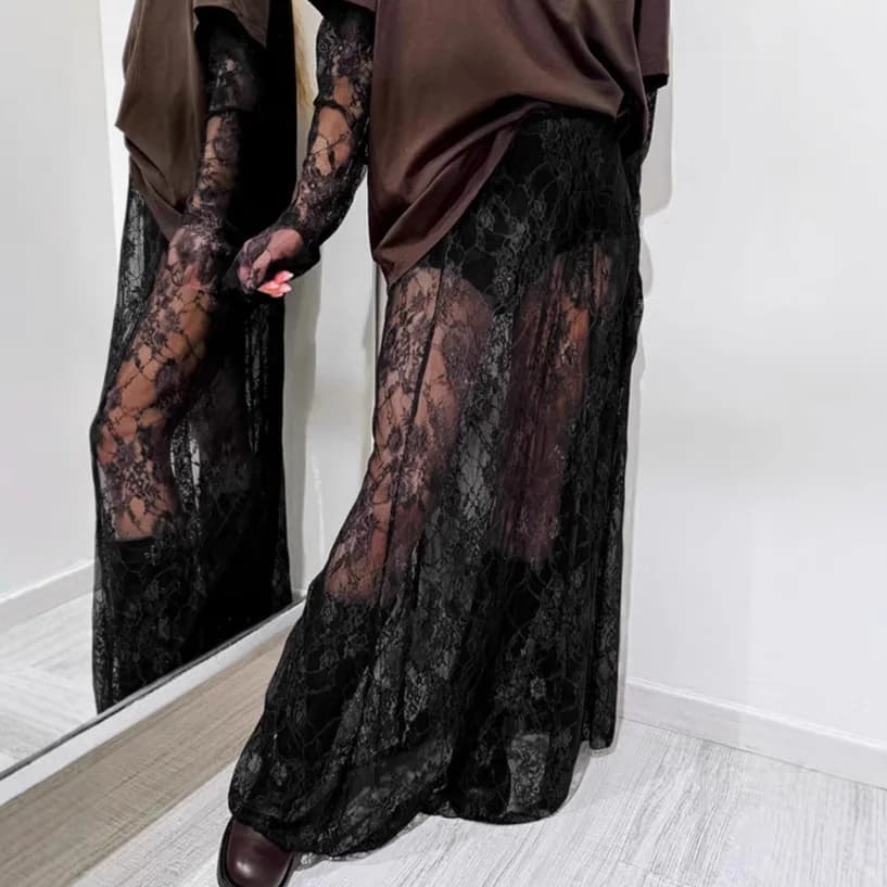 Jupe longue élégante en dentelle pour femme 2026, taille haute, effet superposé, coupe trapèze