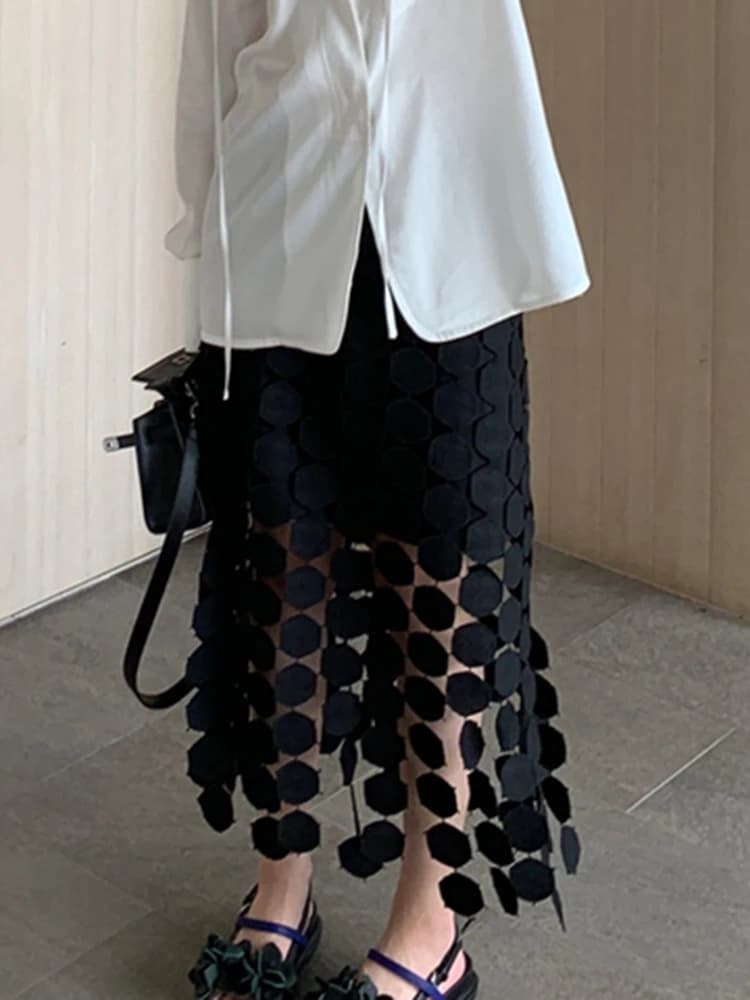 GALCAUR – jupe mi-longue élégante à pois pour femmes, avec des franges, taille haute, couleur unie, 
