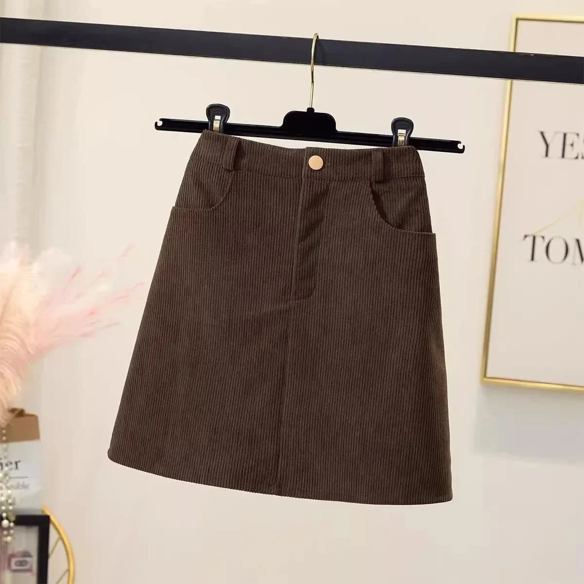 Mini jupe trapèze en velours côtelé noir, grande taille pour femmes, automne hiver, amincissante, po