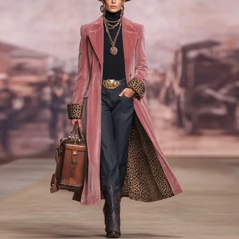 Manteau long en velours rose vintage pour femmes Doublure léopard Revers Manteau long style occident