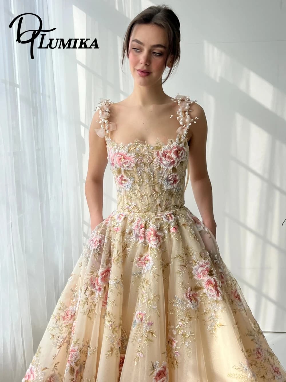 Robe de soirée formelle florale pour femmes, sans bretelles, bretelles Spaghetti, dos à lacets, lign