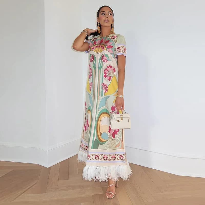 Robe longue décontractée imprimée à motifs plumeux pour femme, col rond, manches courtes, coupe ampl