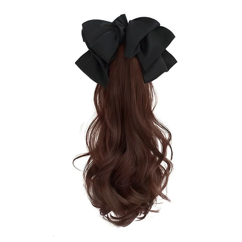 Perruque longue bouclée avec tresse et nœud, style queue de cheval synthétique, parfaite pour paress