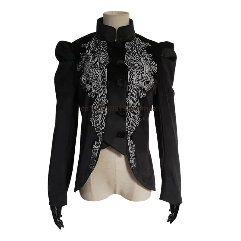 Veste noire gothique pour femme, style vintage victorien, brodée, col montant, dos corset, à lacets,