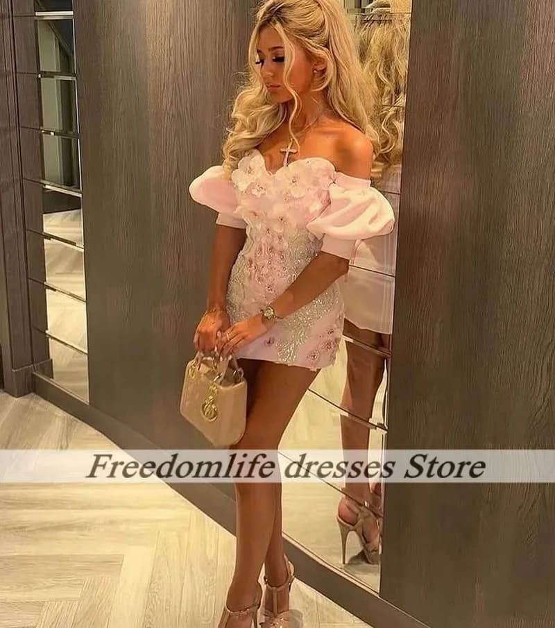 Robes de Cocktail Fleurs Roses Filles 2026 Épaules Dénudées Perles Volants Robe de Bal Classique Rob
