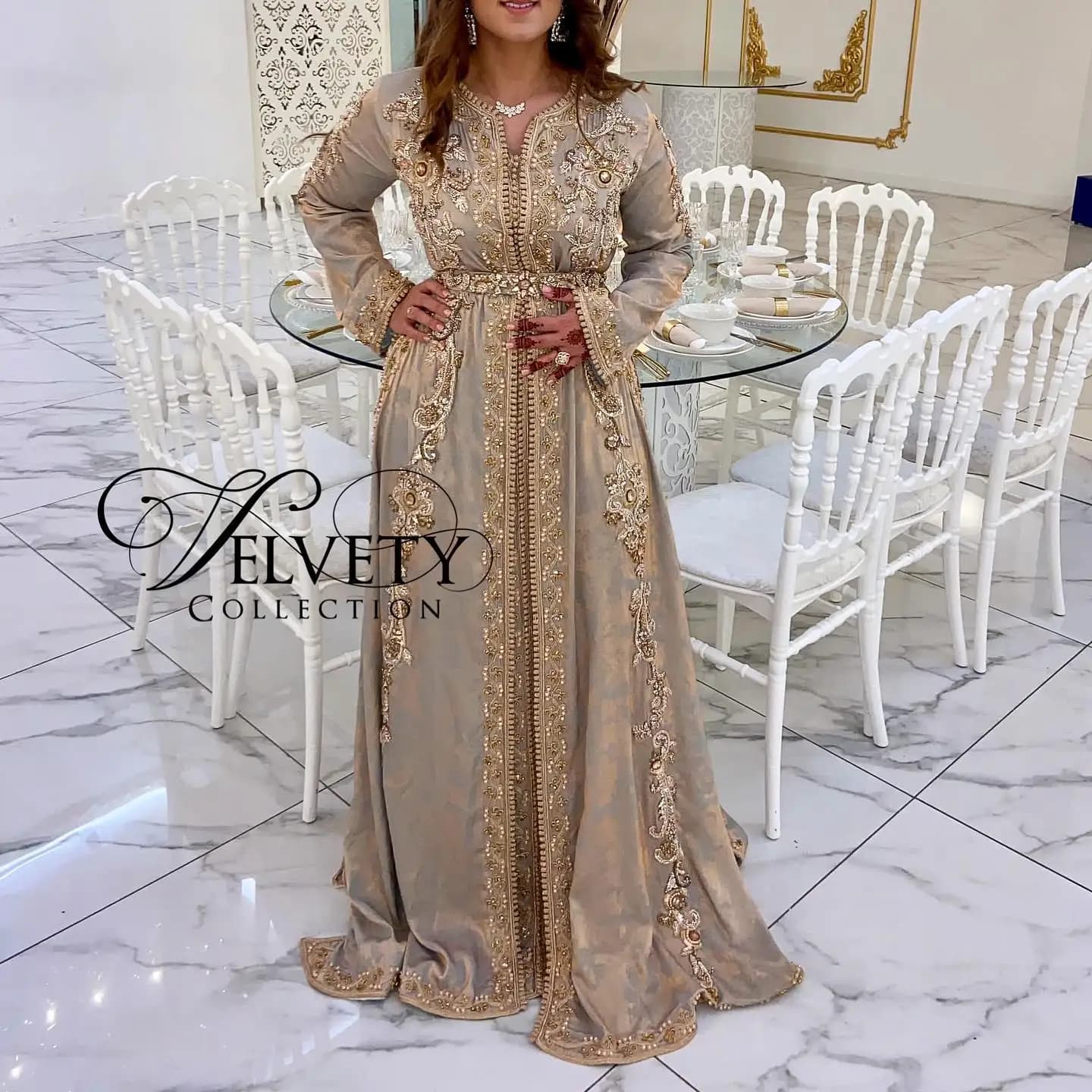 Robe de soirée musulmane à manches longues, caftan marocain, ligne A, appliques perlées, Dubaï, arab