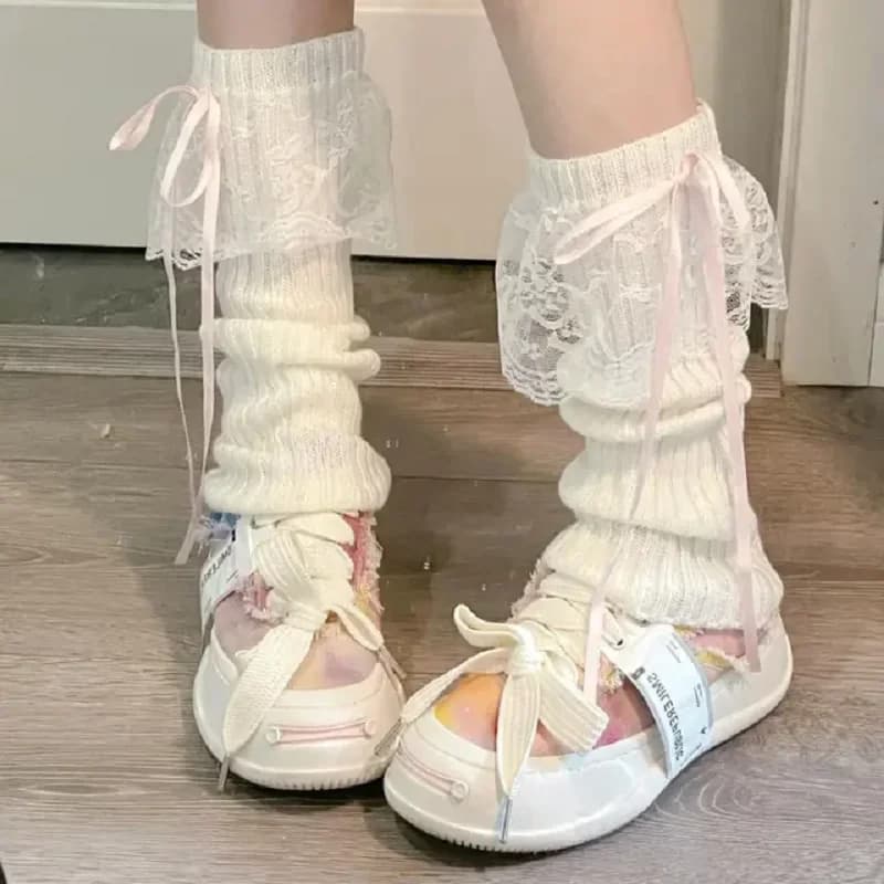 Jambières avec Ruban Lolita pour Femme, Chaussettes sulfNoires et Blanches, Collection Automne et Hi