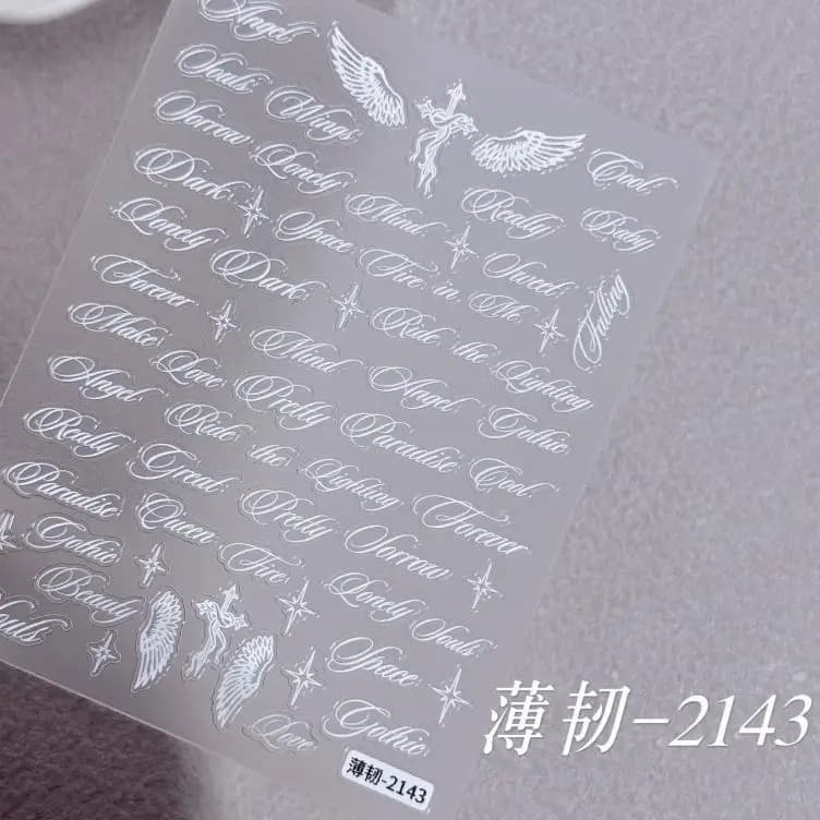 Autocollants pour ongles, ailes d'ange, lettres anglaises noires et blanches, messages, décorations 