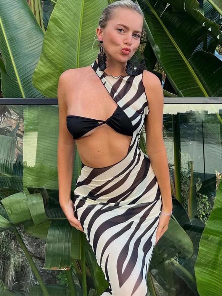 Robe longue de plage imprimée zèbre, Cover-Up, Sexy, maille transparente, Maxi, rayée, découpée, mou