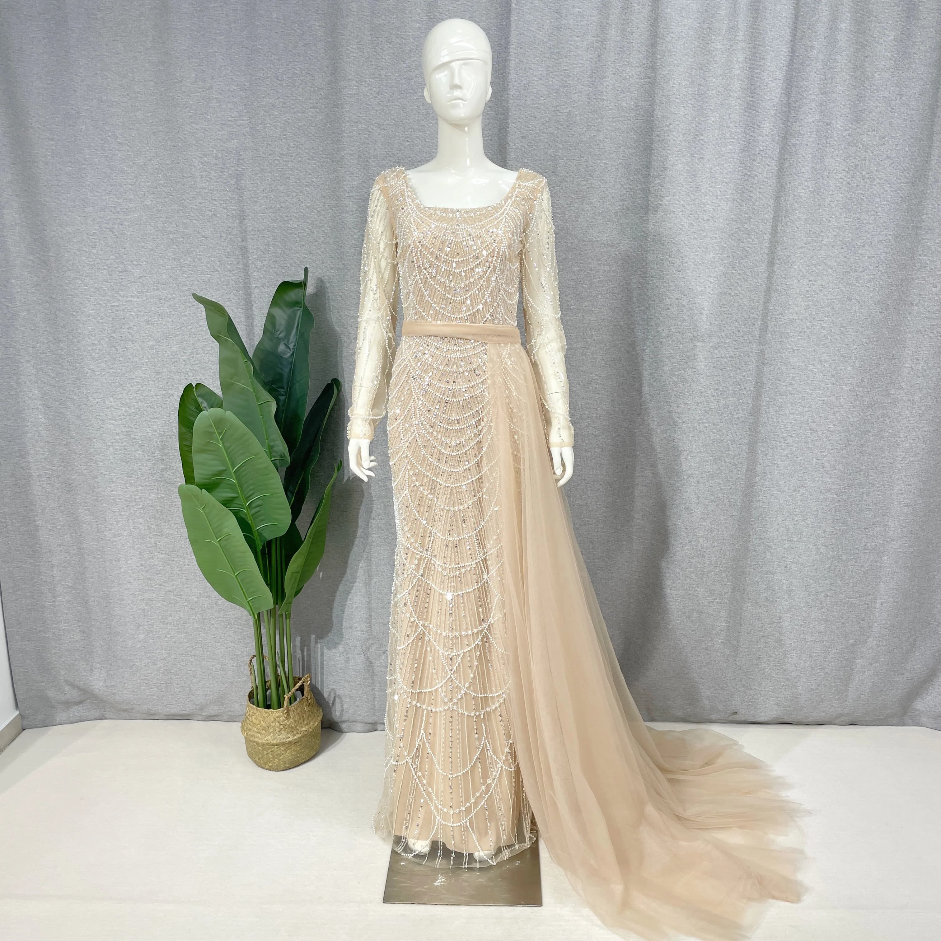 Robe Sirène Élégante à Manches sulfavec Traîne Amovible pour Femme Musulmane, Paillettes, Perles, Ba