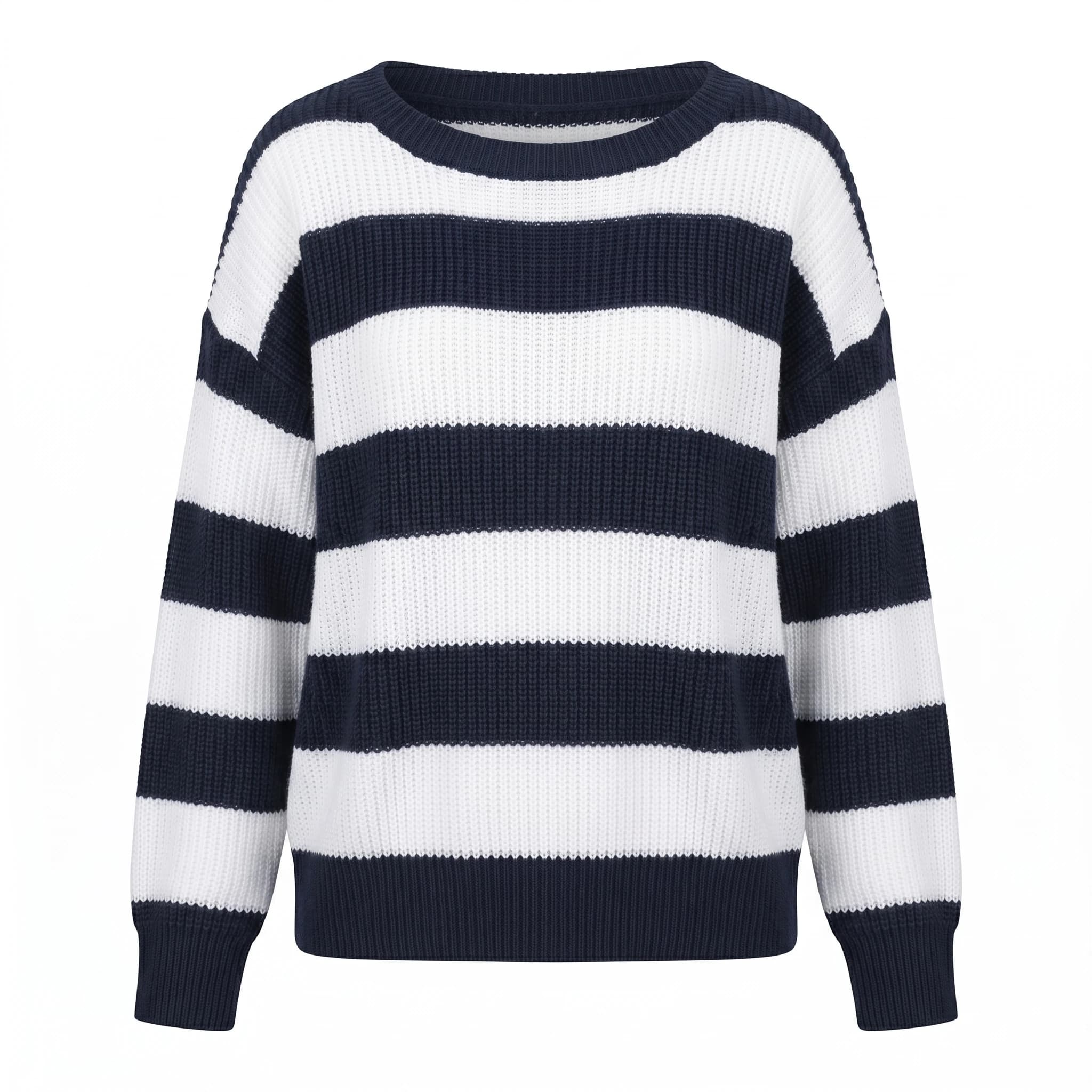 Pull en tricot rayé bleu marine et blanc pour femme, manches longues, col rond, coupe ample, décontr
