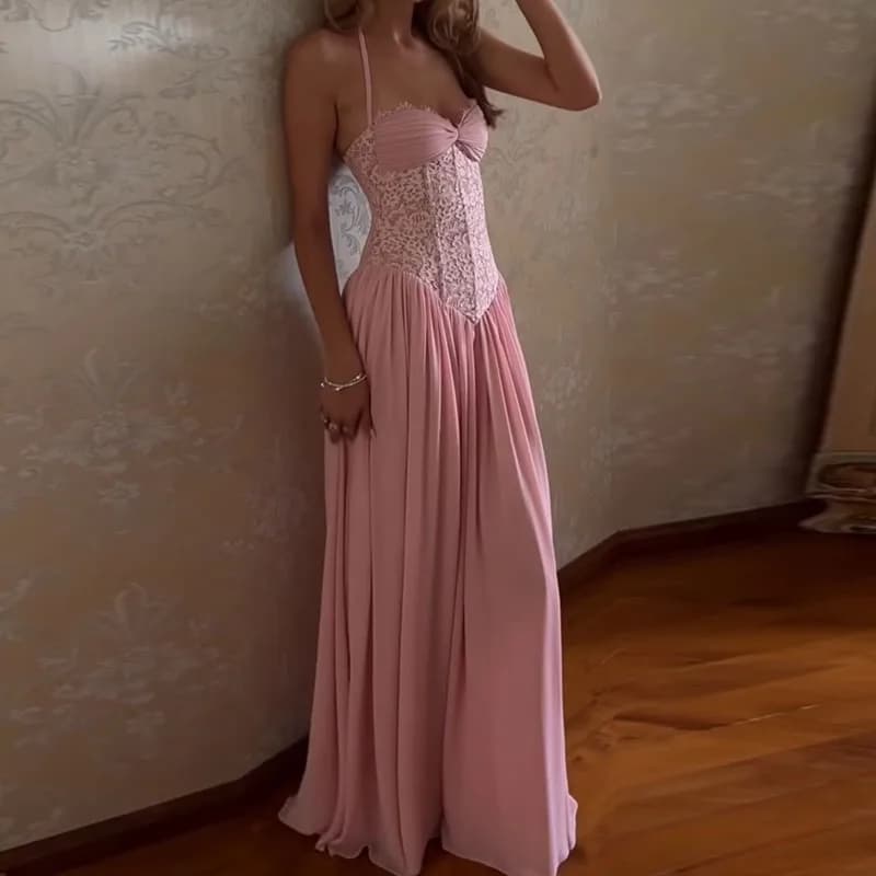 Robe longue élégante pour femme, style bandage, avec patchwork de dentelle, dos nu, sans manches, en