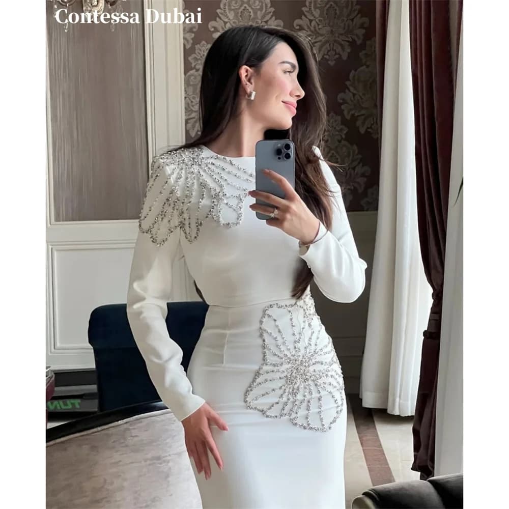 Robe de soirée longue blanche personnalisée Contessa en crêpe orné de cristaux, style sirène, col ro
