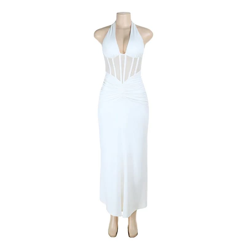 Robe longue élégante blanche pour femme, dos nu en V profond, en maille noire froncée, style halter,