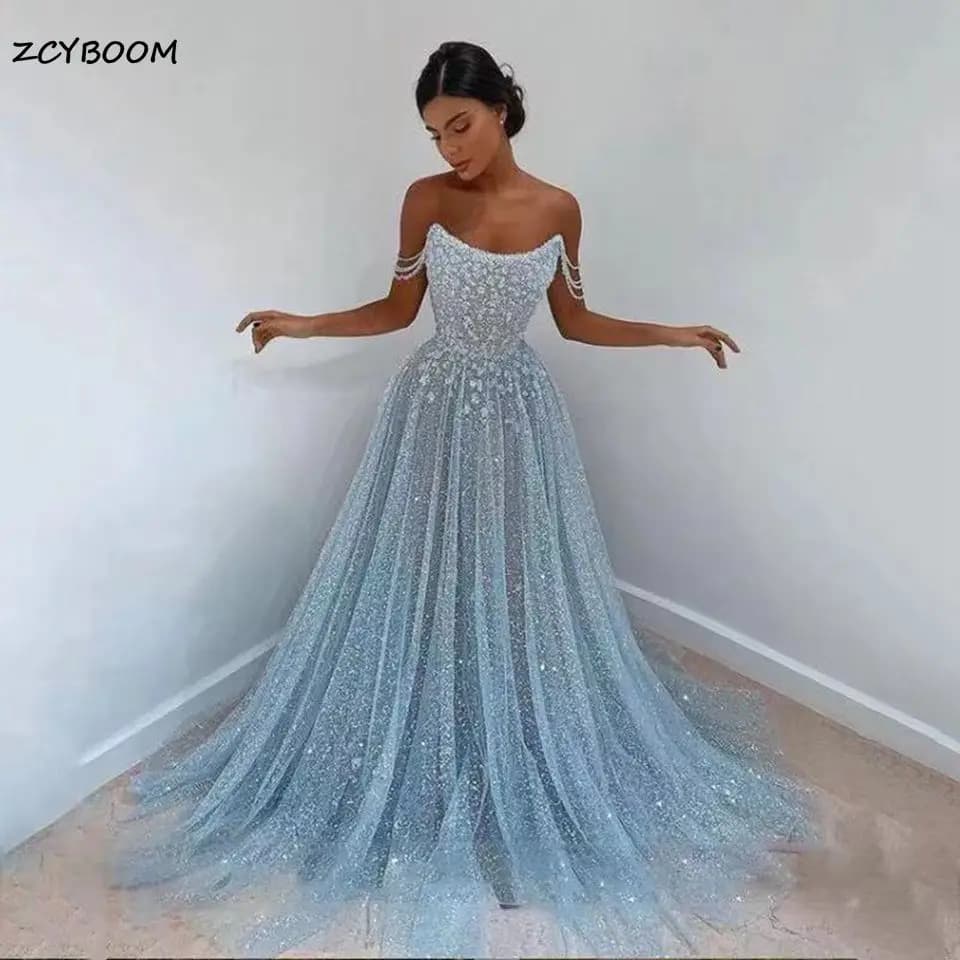 Robes de soirée longues personnalisées bleu ciel 2026, coupe trapèze, col bateau, appliques perlées,