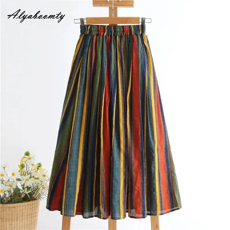Jupe mi-longue japonaise Mori Girl pour femme, taille haute, rayée colorée, élégante, vintage, coton