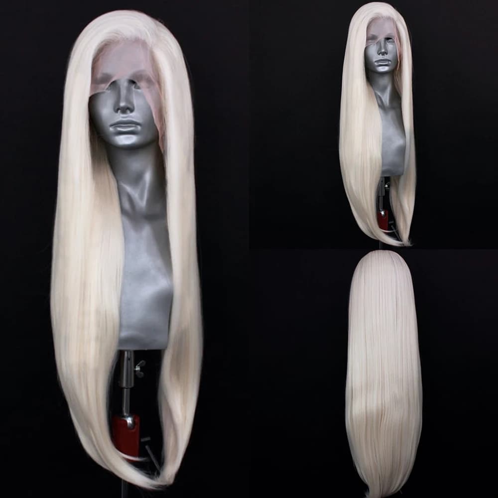 Perruque Lace Front Wig synthétique ondulée naturelle Blonde platine, cheveux synthétiques longs ond