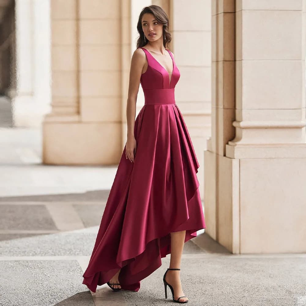 Po-Robe de Rhen satin ligne A pour femme, robe de soirée simple, décolleté en V profond, dos nu, sex