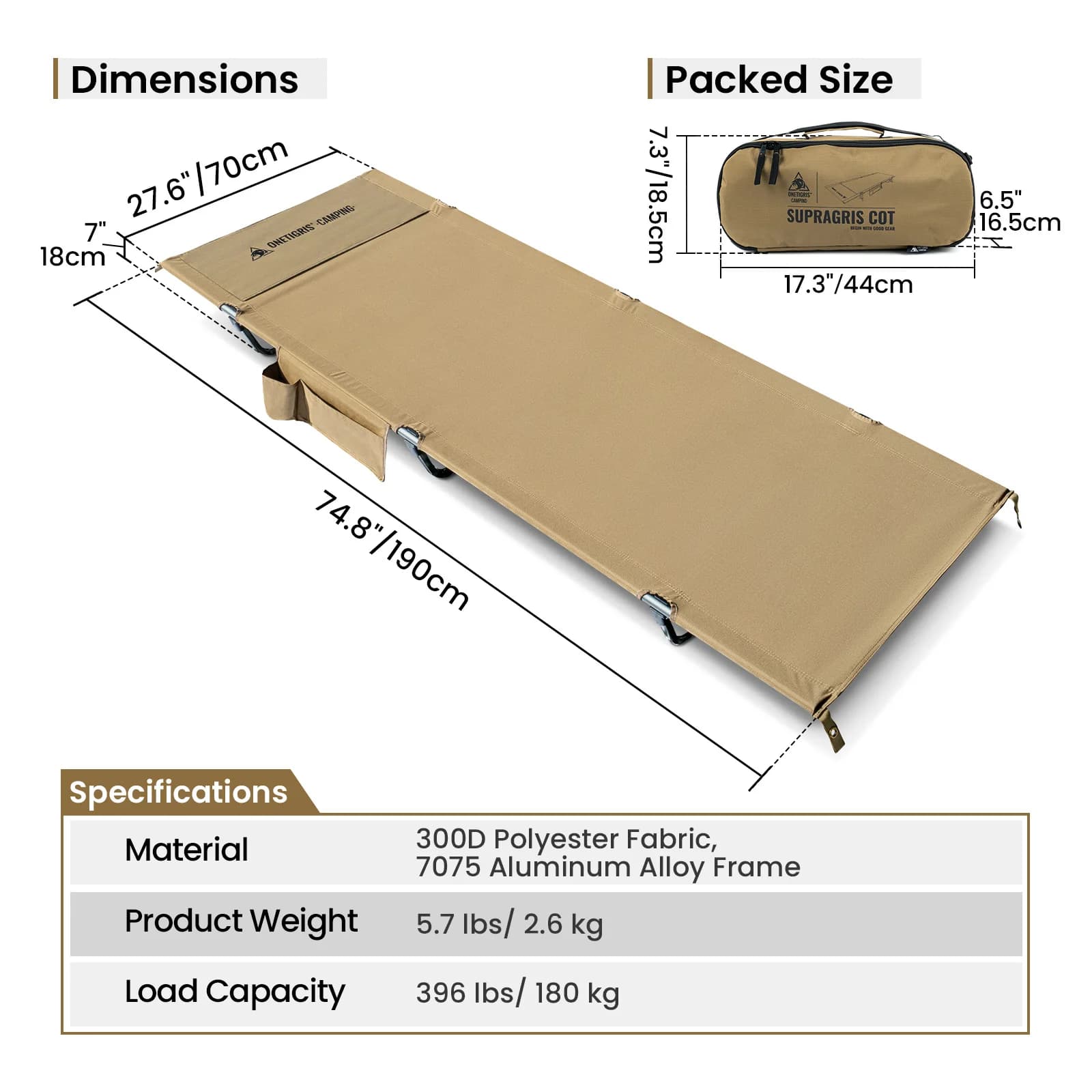 Lit de camping OneTigris SUPRAGRIS, ultraléger, en alliage d'aluminium, pliable, large, pour le camp