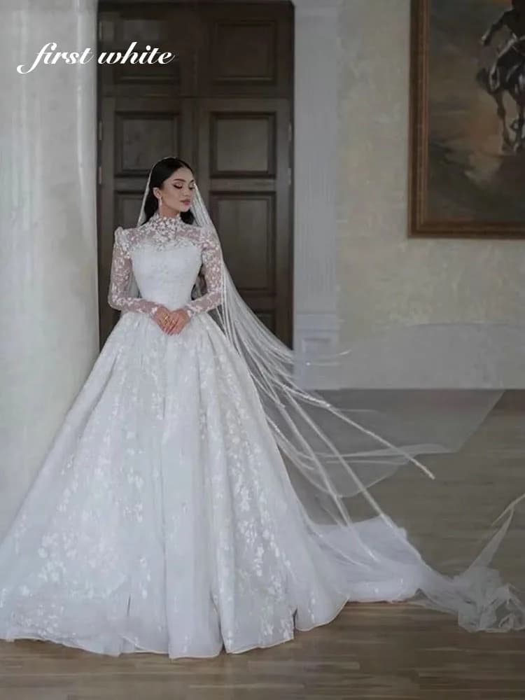 Robes de mariée à manches longues de luxe, robes à col haut, appliques personnalisées, dentelle, pat