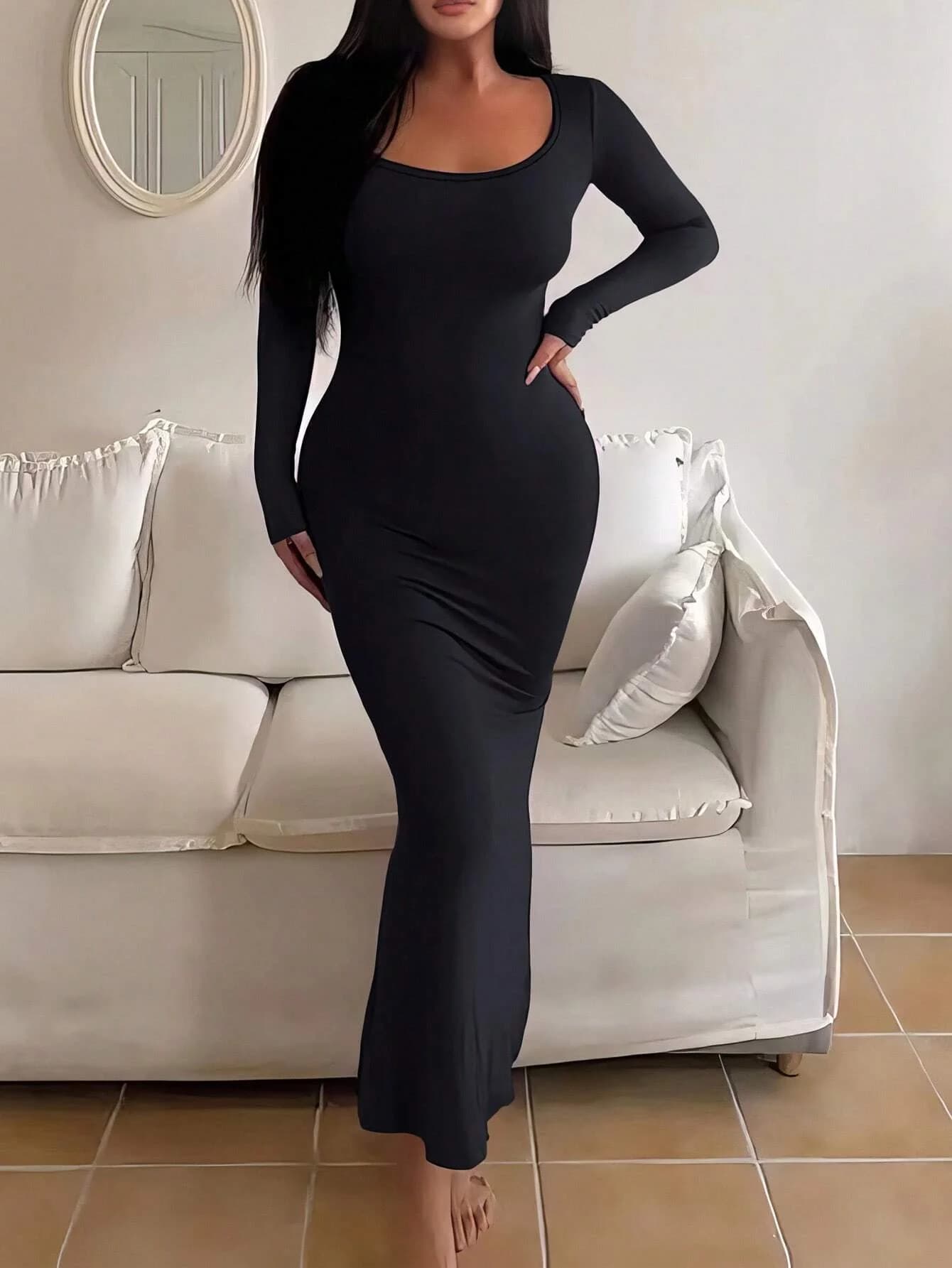Robe longue et ajustée pour femmes, grande taille, col carré, manches longues, Extra longue, ajustée