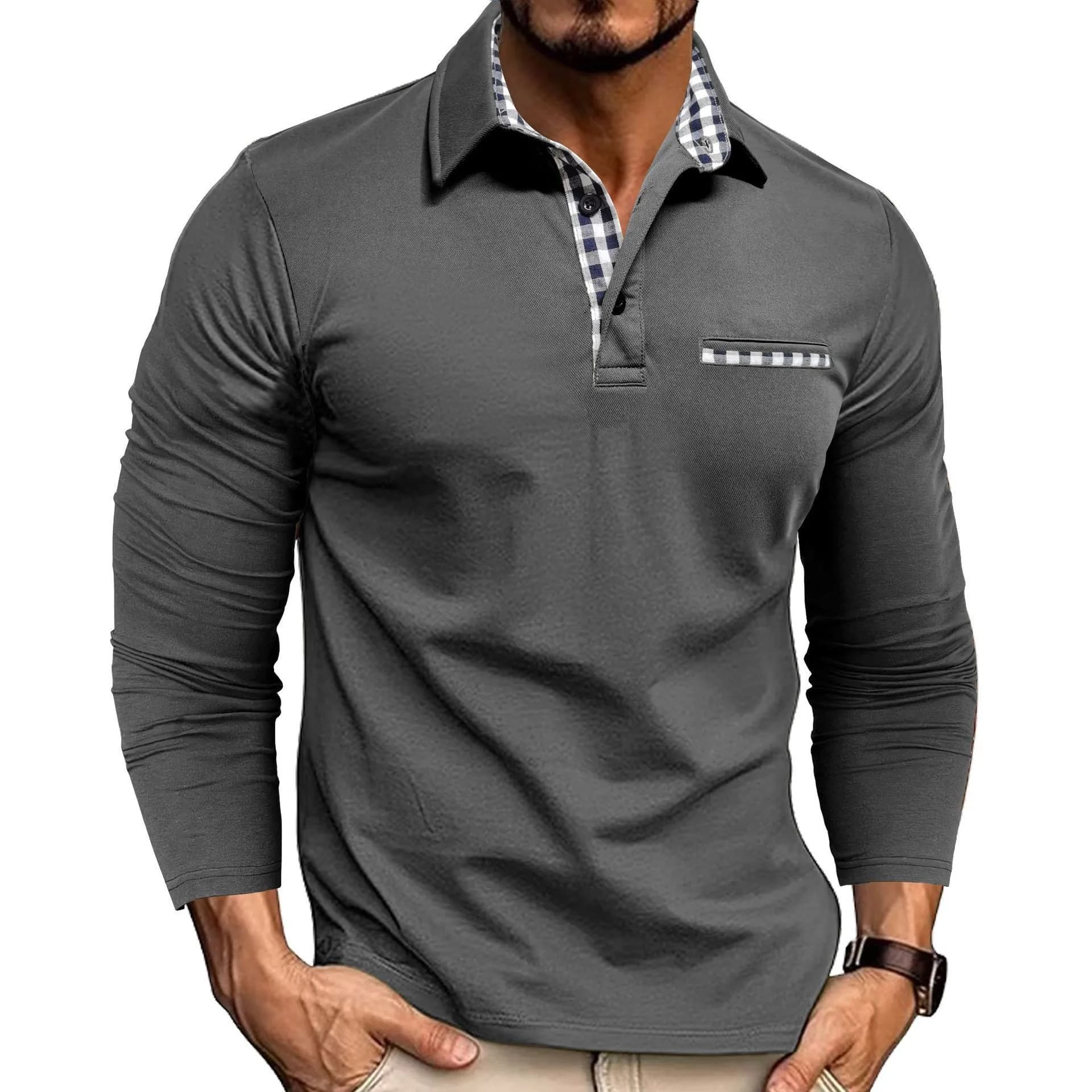 Polo à manches longues pour homme, coupe ajustée décontractée, col rabattu, haut de qualité supérieu