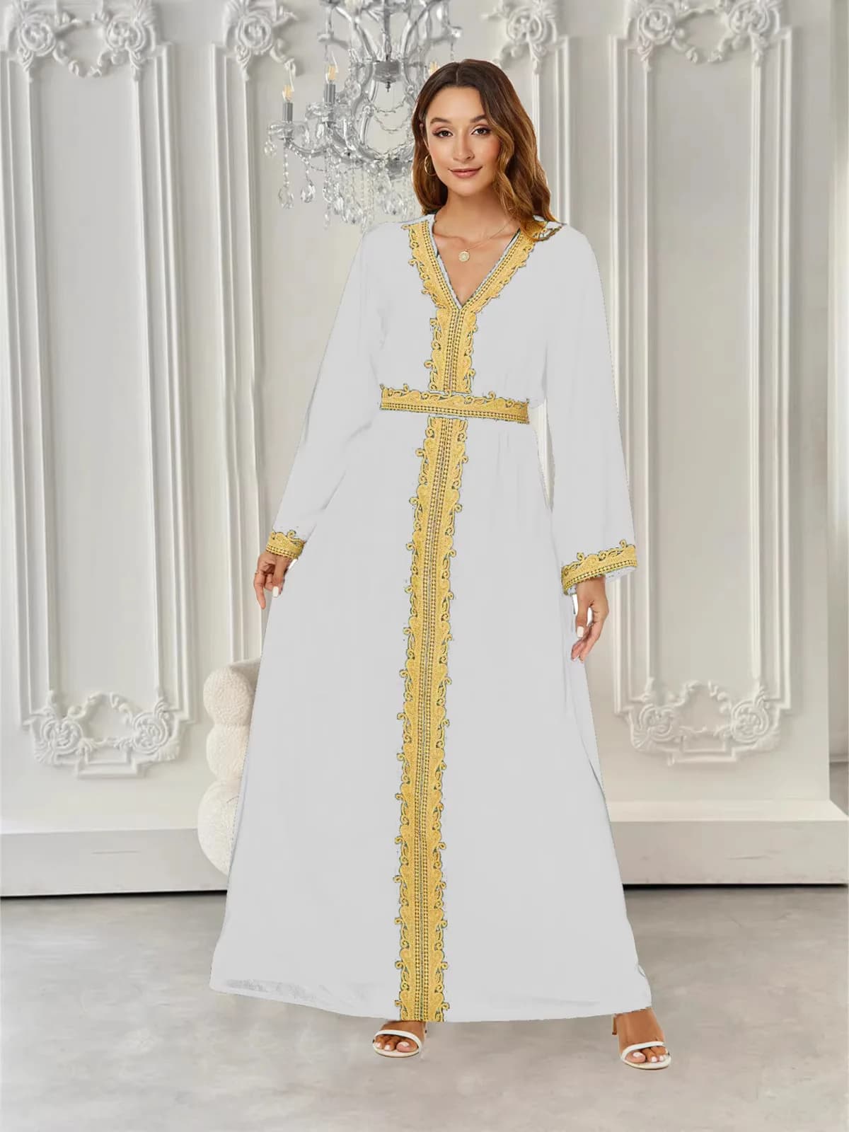 Robe longue élégante de luxe avec dentelle à fil doré, style vintage transfrontalier, jupe trapèze, 