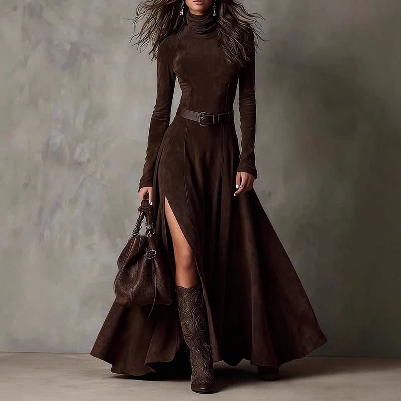 Mode femmes col roulé robe longue femmes automne hiver à manches longues a-ligne fendue robes de soi